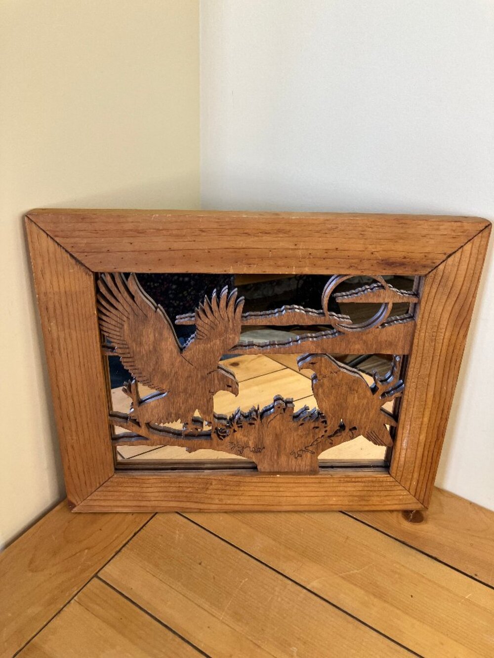 Wood Framed Mirror with Carved Eagle Overlay Mirrored Wall Hanging